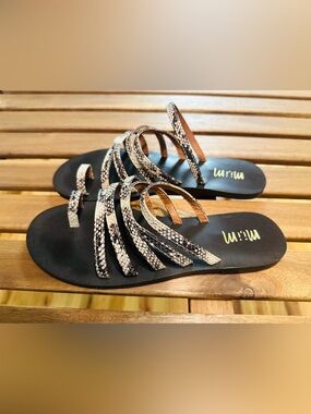 Miim Black and Cream Snake-Print Slide Sandals in Black Size: 8.5
